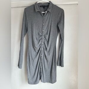 HYFVE Grey Ribbed Button-Up Collared Top